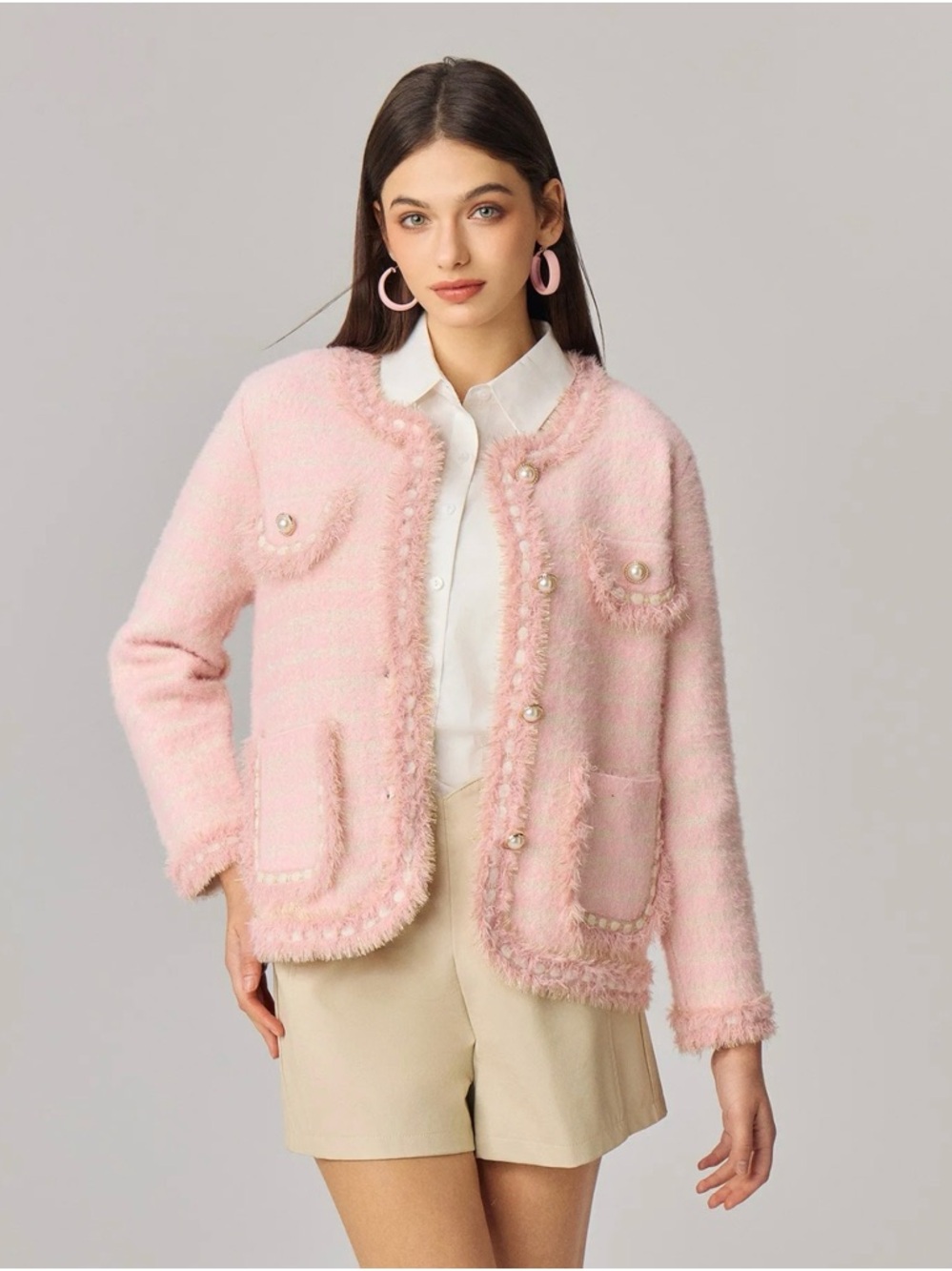 💖 BOUTIQUE Classic Pink Tweed Pearl-Button Jacket